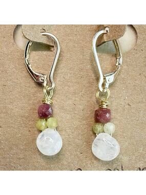 Gemstone Earrings, Rainbow Moonstone, Pink Amethyst & Serpentine 14K Gold Filled